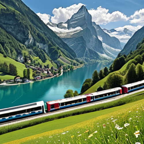 Home 15 **Image:** A scenic view of Switzerland showcasing a train, bus, and boat together in a picturesque landscape (mountains, lake, etc.). The scene emphasizes ease of travel with the Swiss Travel Pass. Focus on conveying "волшебный চাবি" (magical key) feeling.
