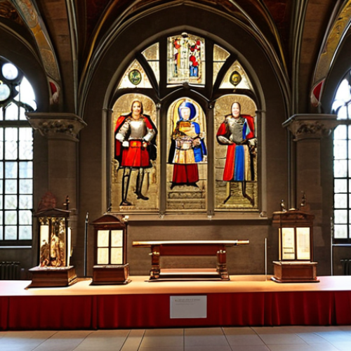 Home 14 **Interior of Swiss National Museum:** A grand hall inside the Swiss National Museum in Zurich. Medieval-inspired architecture with stone walls, arches, and stained glass windows. Display cases with historical artifacts like swords, armor, and traditional Swiss clothing. Soft, natural light illuminating the exhibits.