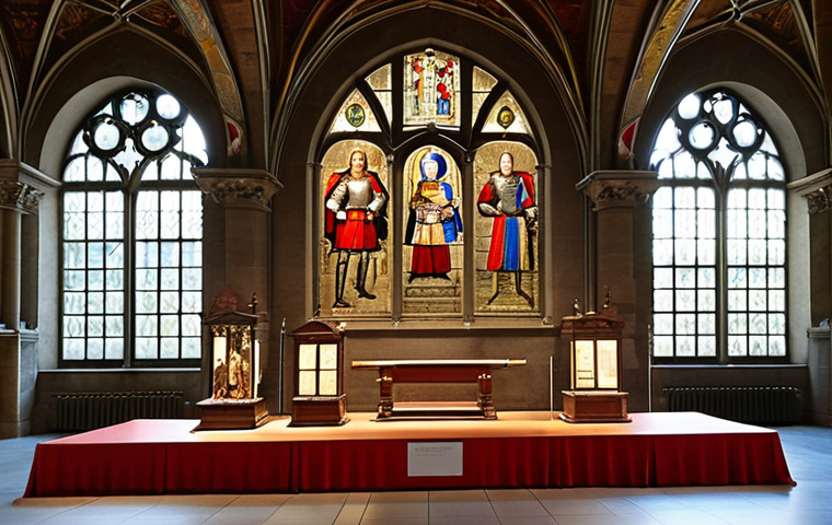 **Interior of Swiss National Museum:** A grand hall inside the Swiss National Museum in Zurich. Medieval-inspired architecture with stone walls, arches, and stained glass windows. Display cases with historical artifacts like swords, armor, and traditional Swiss clothing. Soft, natural light illuminating the exhibits.