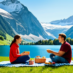 **

A beautiful landscape of the Swiss Alps, featuring snow-capped mountains and a clear blue lake. In the foreground, a fully clothed family is enjoying a picnic with appropriate attire. The scene is safe for work, with perfect anatomy, correct proportions, and natural pose. Professional photography, high quality, family-friendly, and appropriate content.

**