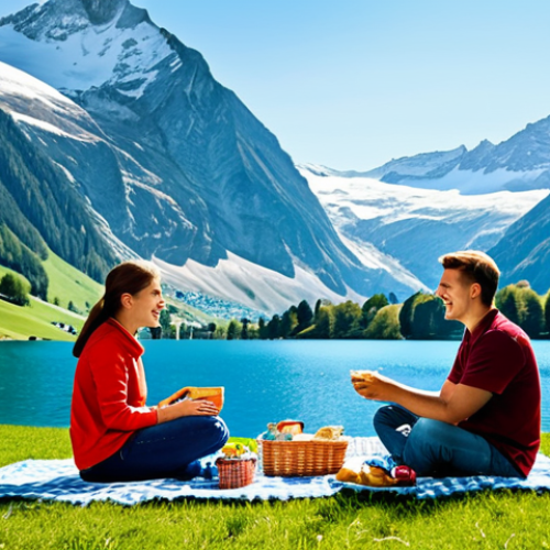 Home 7 **
A beautiful landscape of the Swiss Alps, featuring snow-capped mountains and a clear blue lake. In the foreground, a fully clothed family is enjoying a picnic with appropriate attire. The scene is safe for work, with perfect anatomy, correct proportions, and natural pose. Professional photography, high quality, family-friendly, and appropriate content.
**