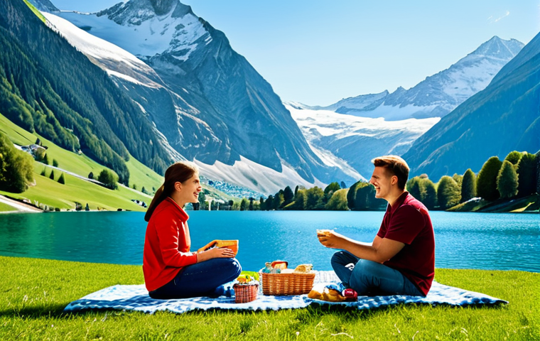**
A beautiful landscape of the Swiss Alps, featuring snow-capped mountains and a clear blue lake. In the foreground, a fully clothed family is enjoying a picnic with appropriate attire. The scene is safe for work, with perfect anatomy, correct proportions, and natural pose. Professional photography, high quality, family-friendly, and appropriate content.
**